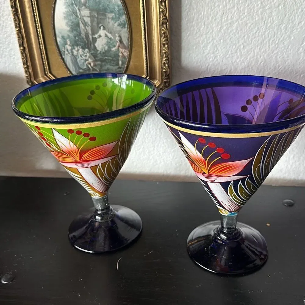 Set of two blue rim margarita cocktail made in Mexico glasses cups